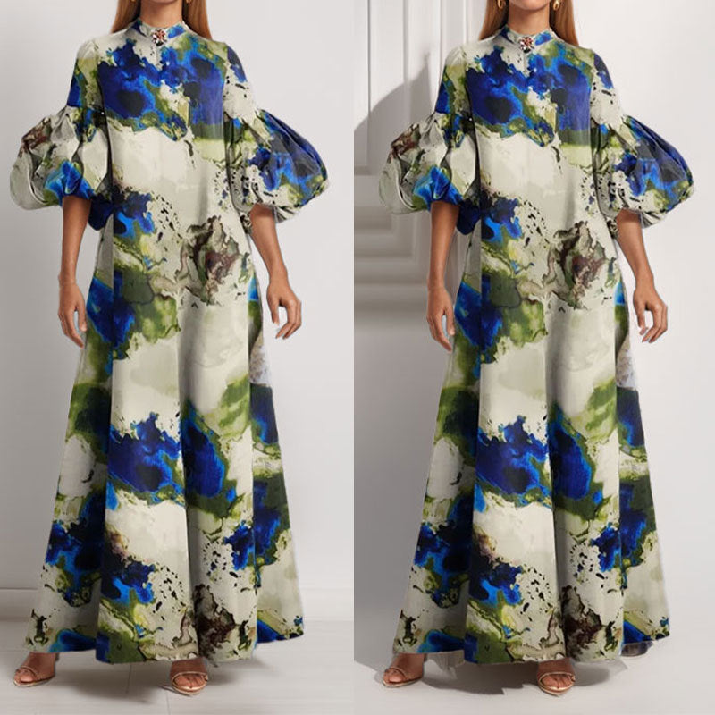 Elegant Floral Print Puff Sleeve Maxi Dress