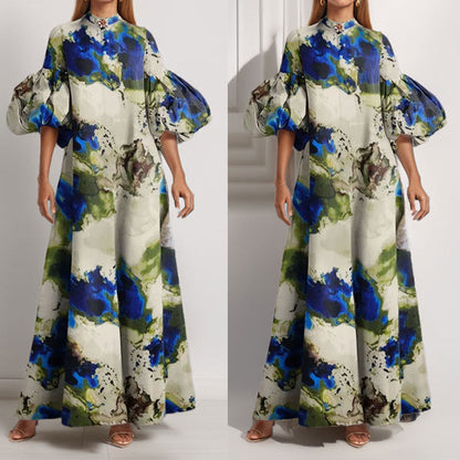 Elegant Floral Print Puff Sleeve Maxi Dress