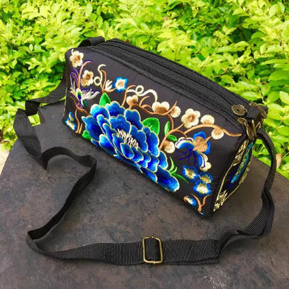 Ethnic Style Classic Embroidery Bag, Three-Layer Zipper Bag, Cross-Body Embroidery Small Bag