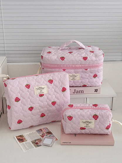 Strawberry Striped Pink Makeup Bag Quilted Large Capacity Portable Cosmetic Case