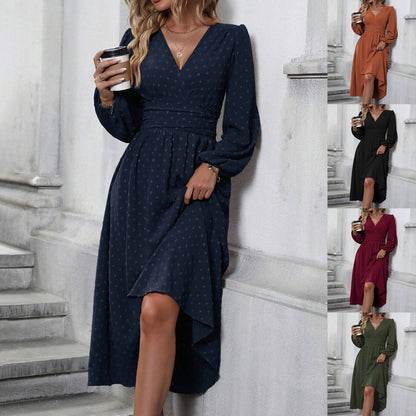 Autumn And Winter New Medium Hairball Diagonal Neck Lantern Sleeve Pleated Waist Dress