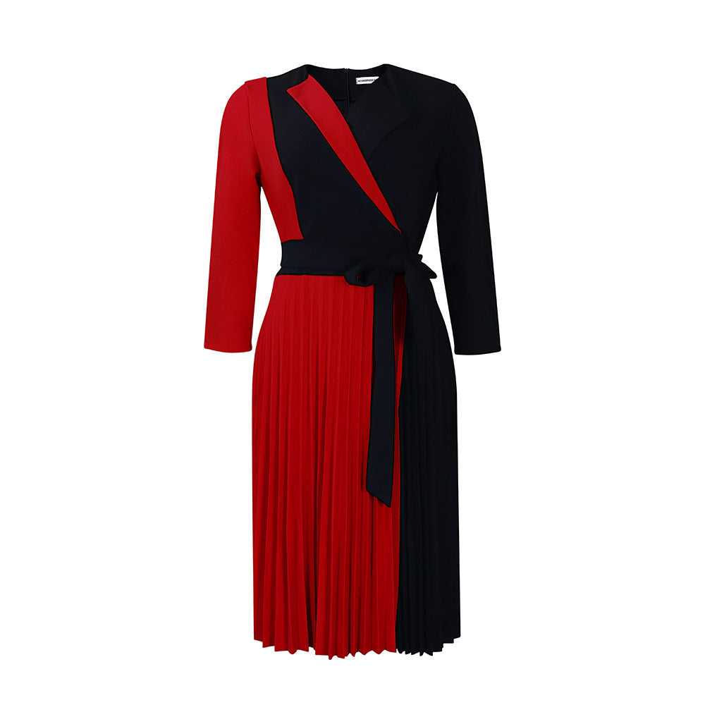 Elegant Color Block Midi Dress With Pleats