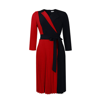 Elegant Color Block Midi Dress With Pleats