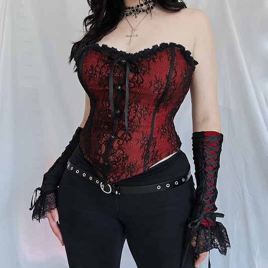 Red Lace Strapless Bustier Top Gothic Style