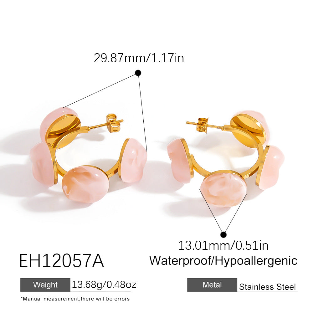 French C-Shaped Colorful Glass Earrings Stylish Geometric Stainless Steel Studs