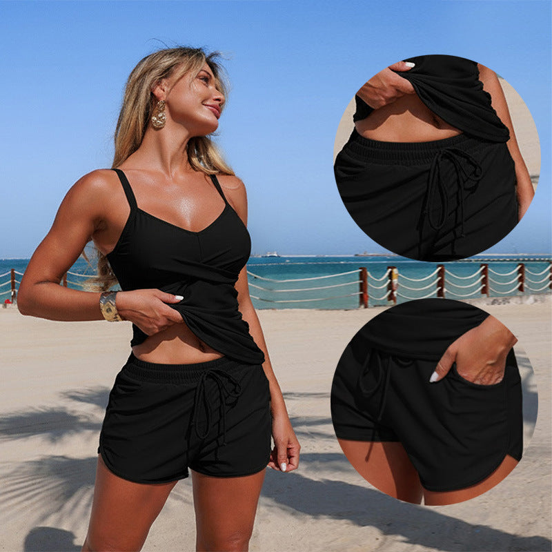 Women’S Two-Piece Swimsuit With Pocket, Striped And Floral Design, Quick-Dry Fabric