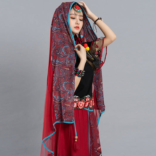 Original Spring And Summer New Ethnic Style Vintage Print, Mesh Tassel Versatile Scarf, Multifunctional Shawl