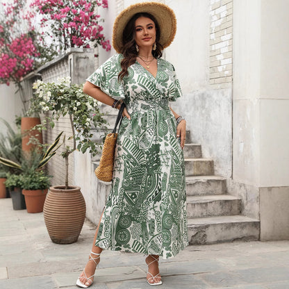Floral Print High Waist Short Sleeve Dress
