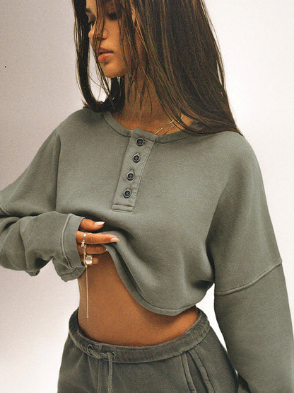 Trendy Casual Short Sleeve Crop Top with Button Detail