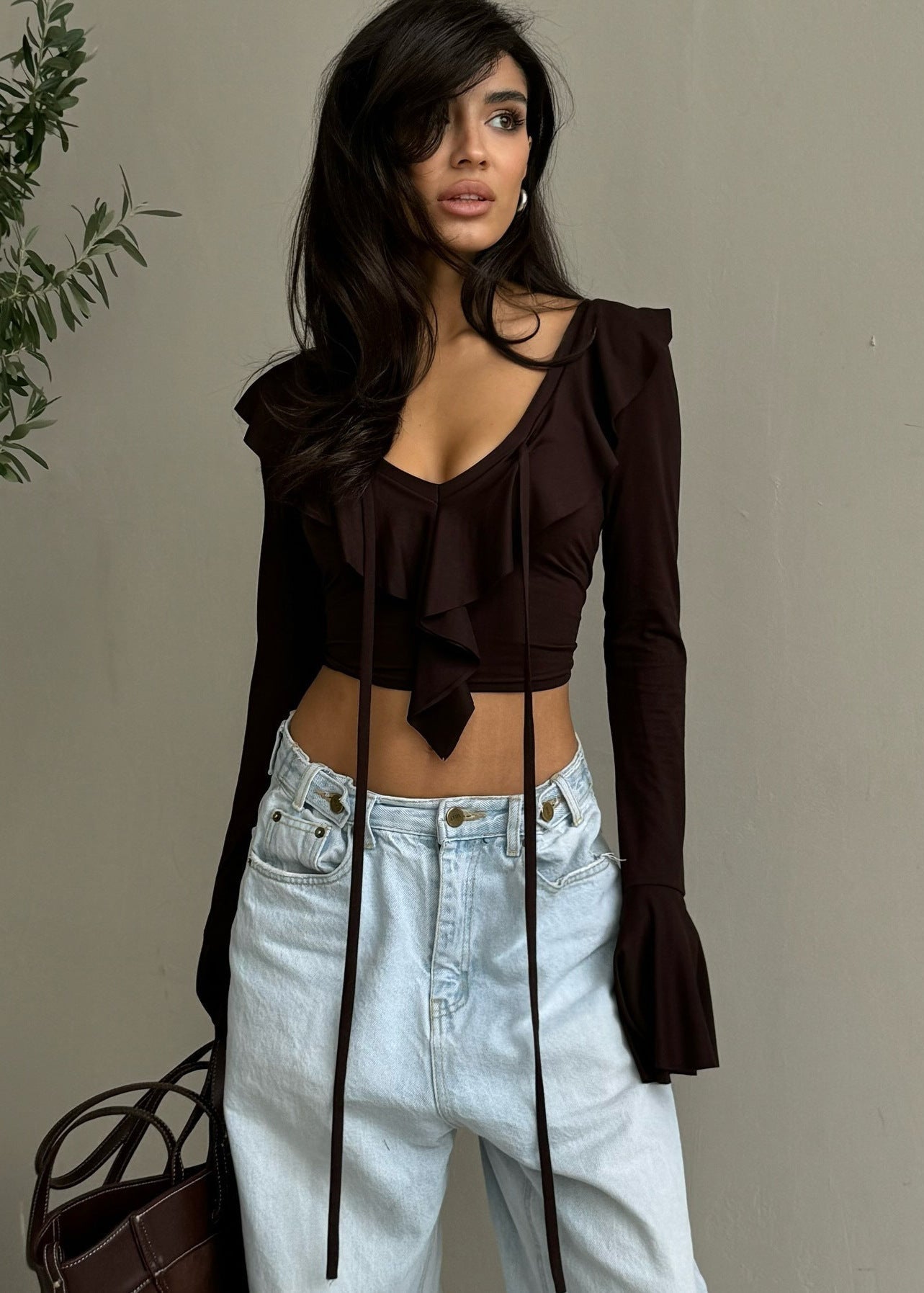 Ruffled Tie Front Long Sleeve Stretch Top