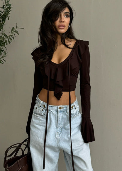 Ruffled Tie Front Long Sleeve Stretch Top
