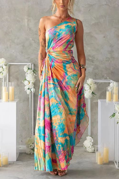Asymmetrical Shoulder Floral Print Pleated Maxi Dress