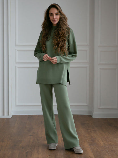 High Collar Side Split Knit Sets