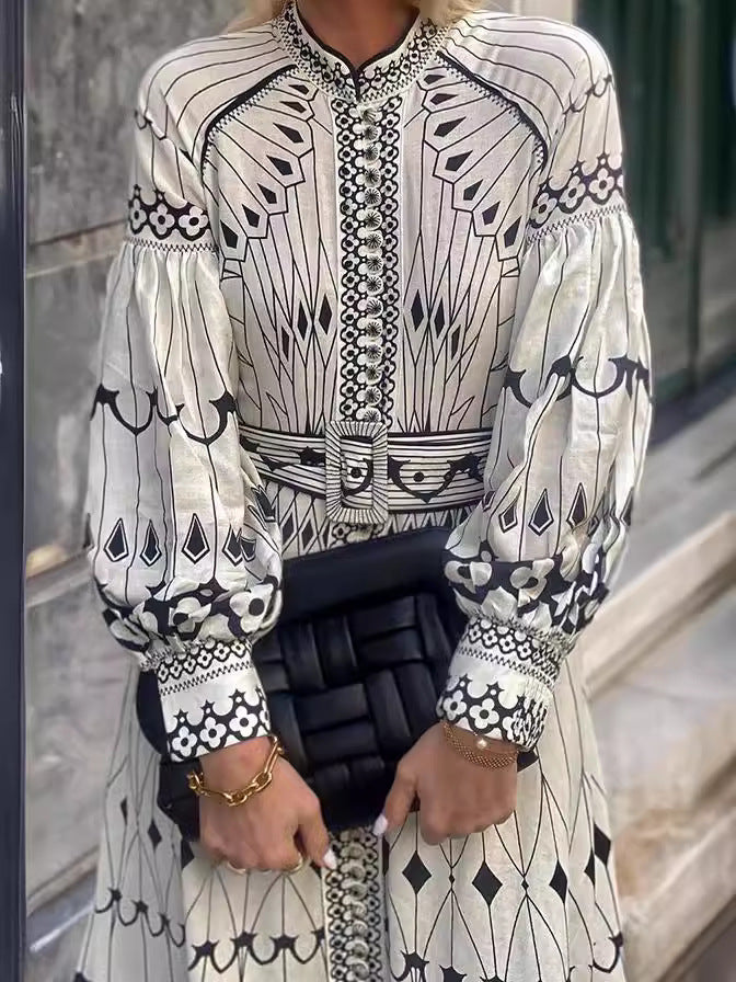 Elegant Long Sleeve Floral Print Dress with Waist Belt