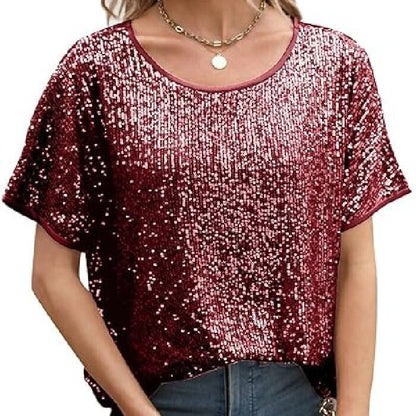Sequin Deep V-Neck Short Sleeve Top