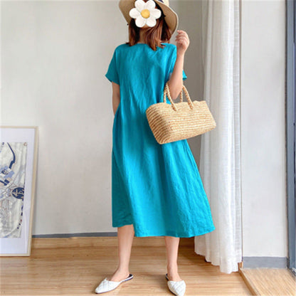 Cotton And Linen Solid Color Plus Size Dress Women'S Summer Loose Japanese Mid-Length Skirt Women