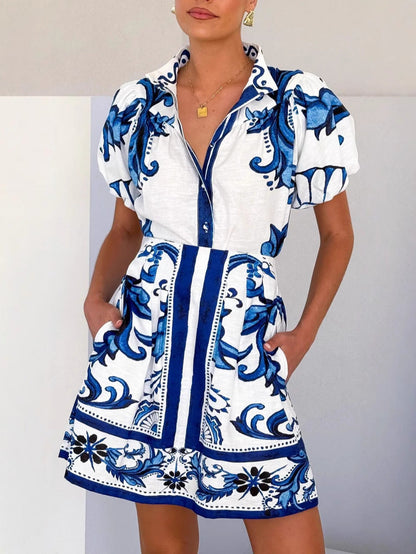Linen Floral Puff Sleeve Short Skirt Set