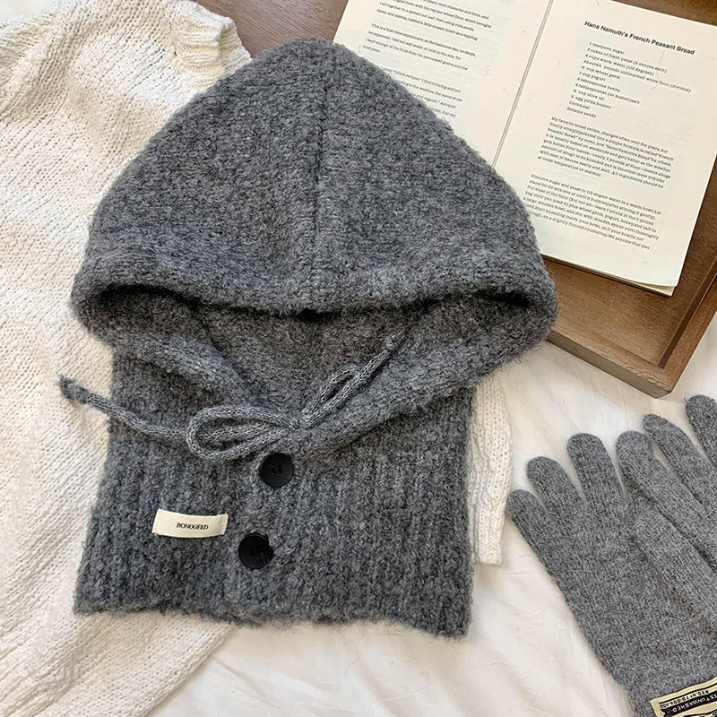 Solid Color Button One-Piece Hat & Scarf