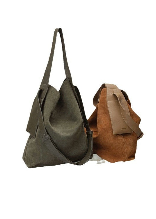 Suede Leather Bucket Tote Bag Brown Green
