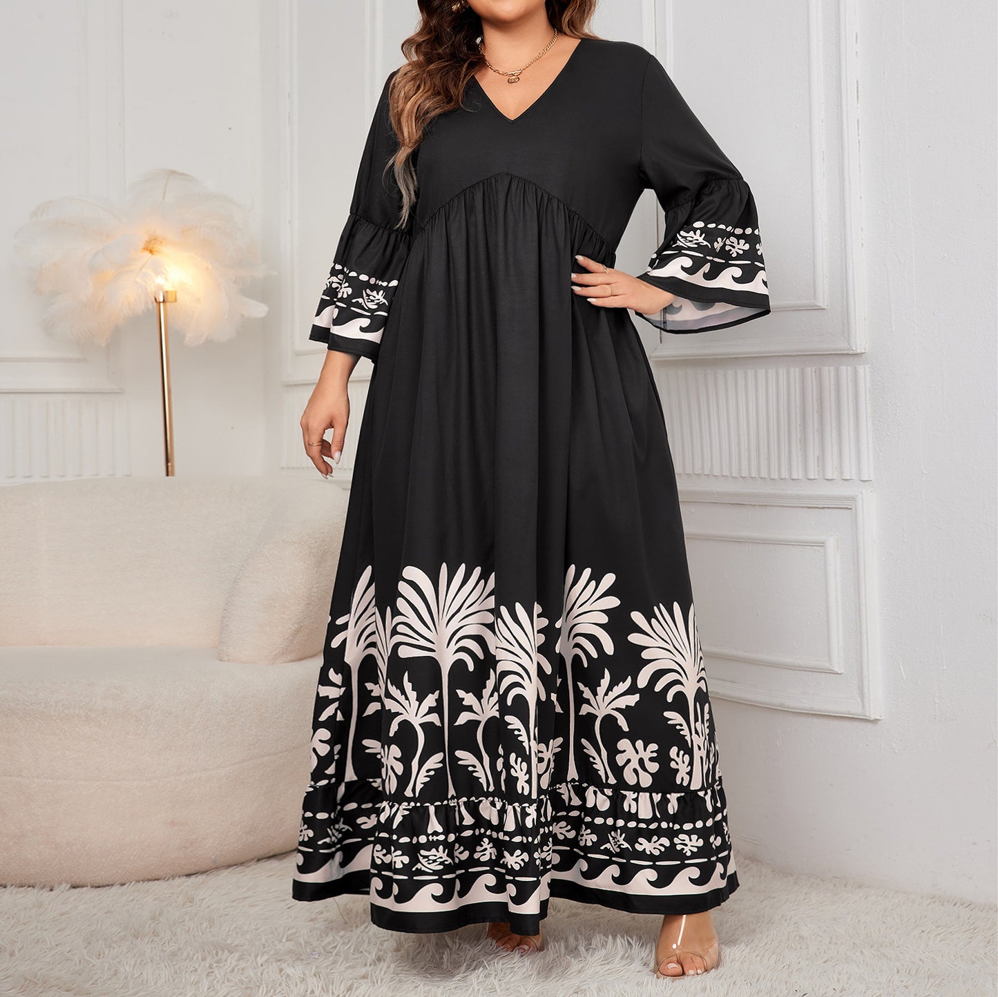 V-Neck Floral Long Dress with Flared Sleeves