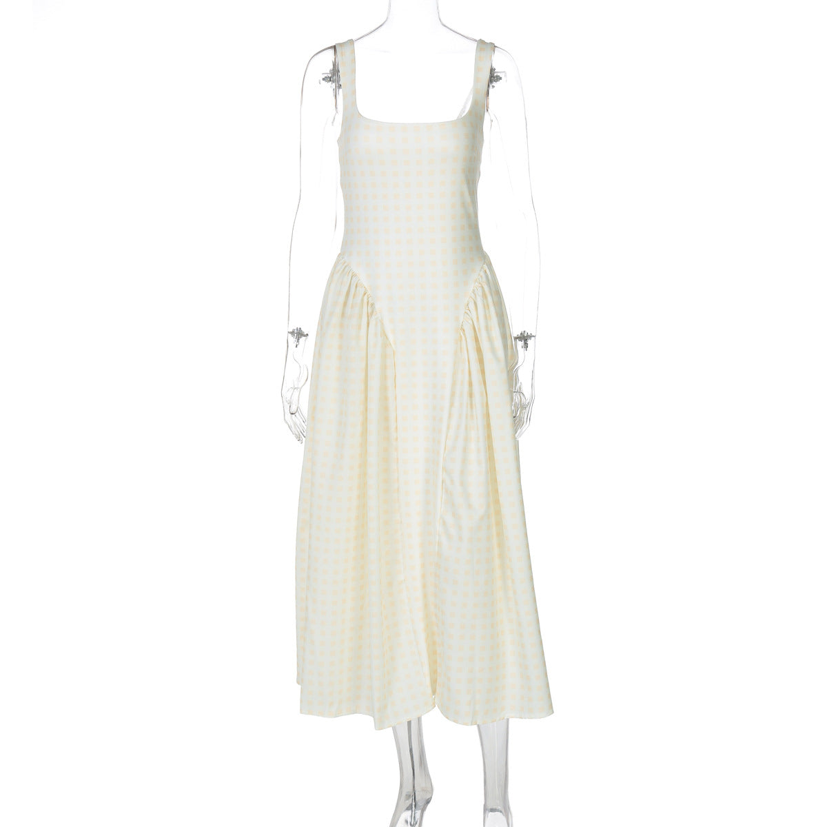 Stylish French Checkered Print Midi Dress with Backless Design