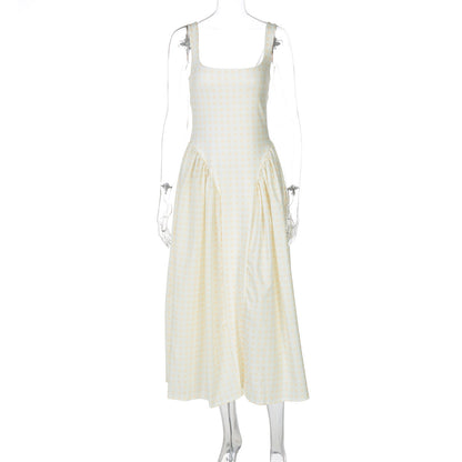 Stylish French Checkered Print Midi Dress with Backless Design
