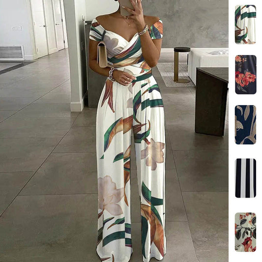 Elegant Off-Shoulder Floral Jumpsuit Stylish High-Waisted Pants