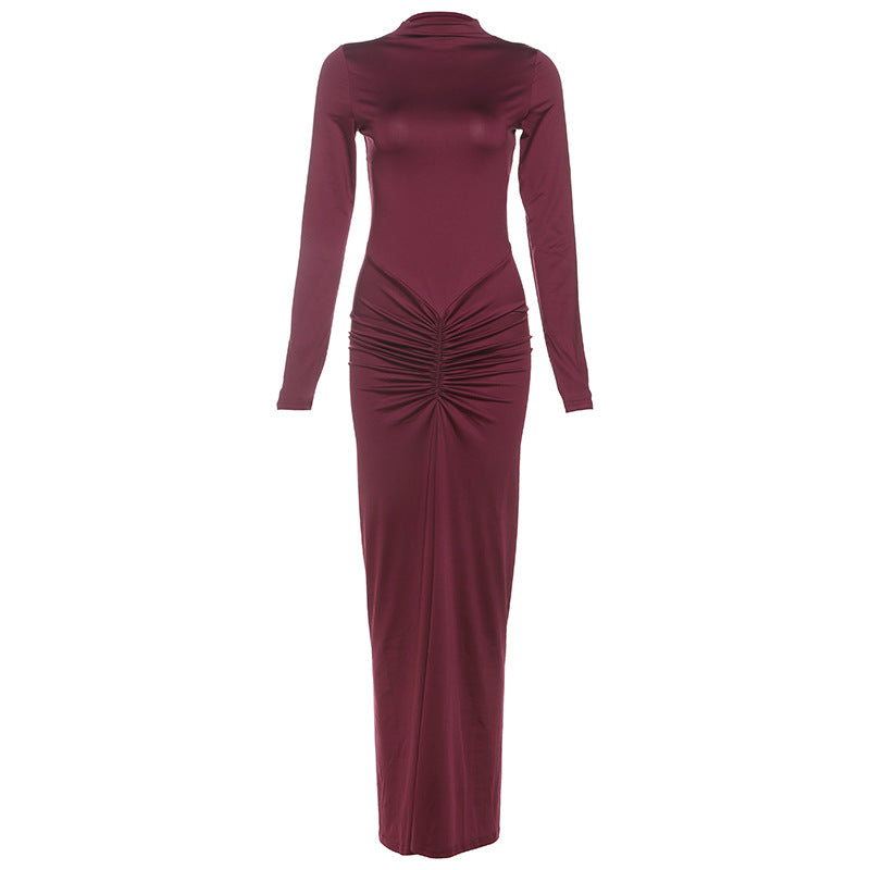 Elegant Solid Color Long Sleeve Maxi Dress With Ruching