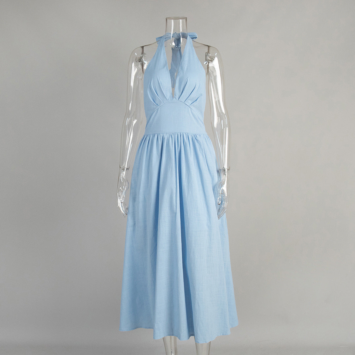Cotton V-Neck Maxi Dress Casual Belted Style