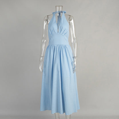 Cotton V-Neck Maxi Dress Casual Belted Style