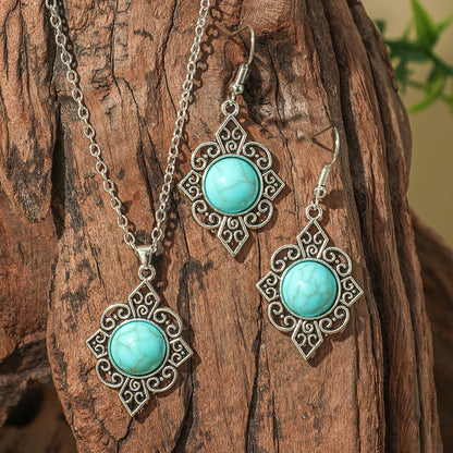Bohemian Geometric Earrings and Necklace Set with Turquoise Accents