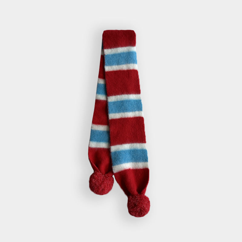 Striped Knit Scarf with Pom Poms for Women