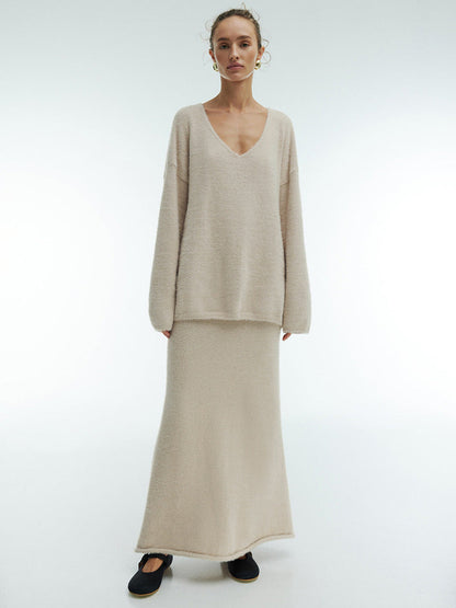 Cozy Knit V-Neck Sweater And Maxi Skirt Set