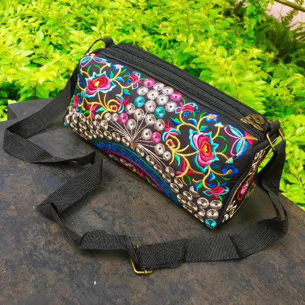 Ethnic Style Classic Embroidery Bag, Three-Layer Zipper Bag, Cross-Body Embroidery Small Bag