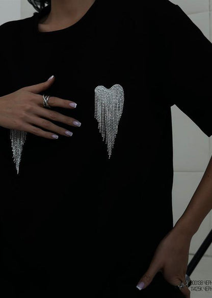 Embellished Cotton T Shirt With Rhinestone Wings