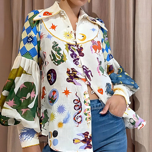 Elegant Lantern Sleeve Printed Blouse for Women