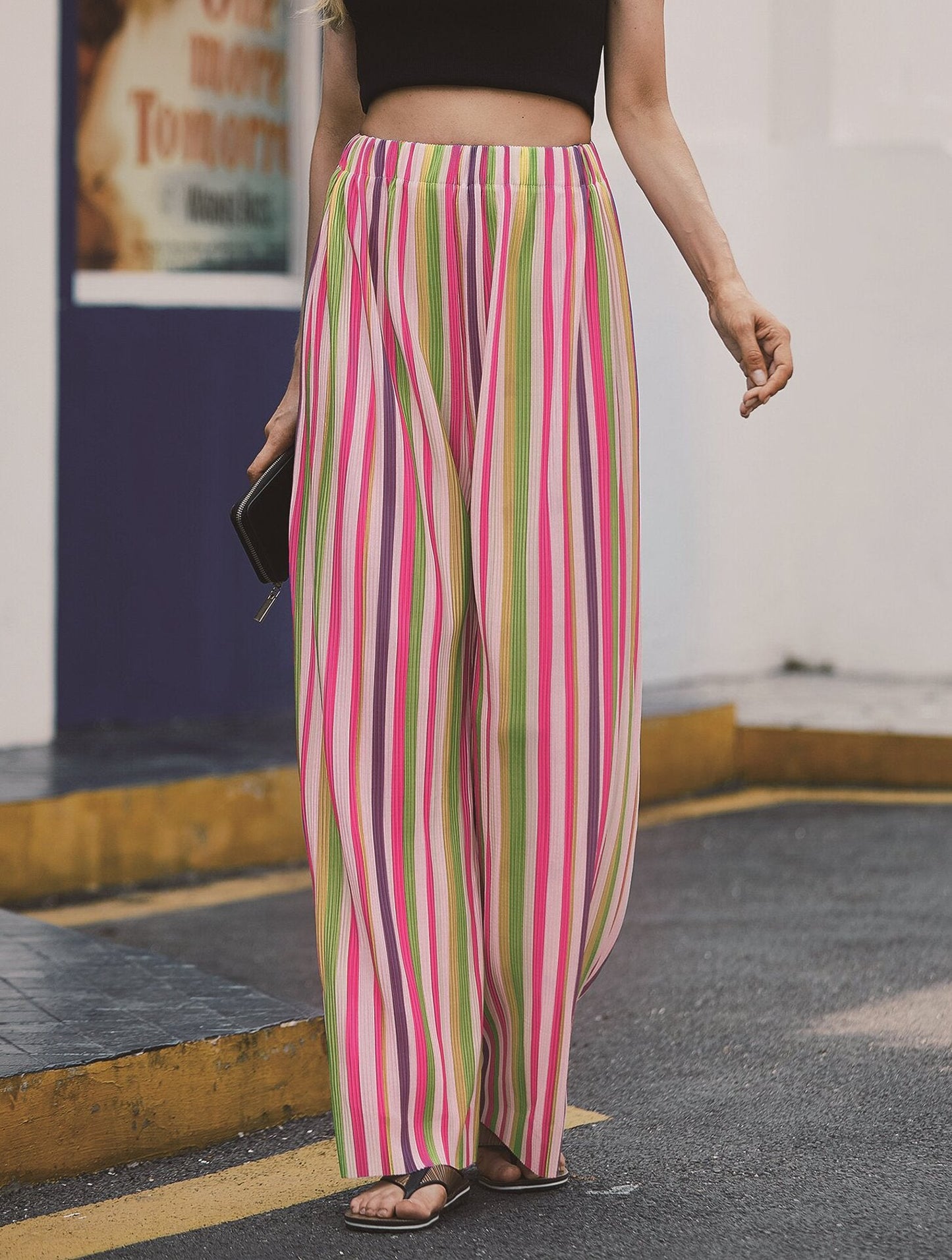 Pants Colorful Striped Trousers Loose High Waist, Slim, Versatile Slacks, Wide Legs