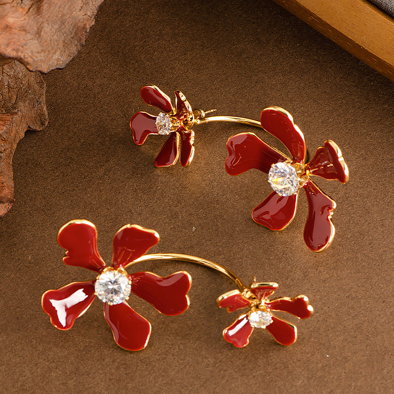 Exaggerated Floral Drop Earrings With Rhinestones For Women