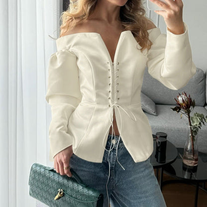 Off-Shoulder Tie Front Long Sleeve Top for Women