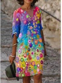 Abstract Print V-Neck A-Line Dress Comfortable Casual Fashion