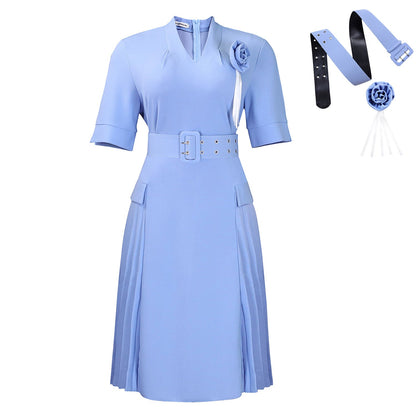 V-Neck A-Line Dress With High Waist And Ruffle Detail