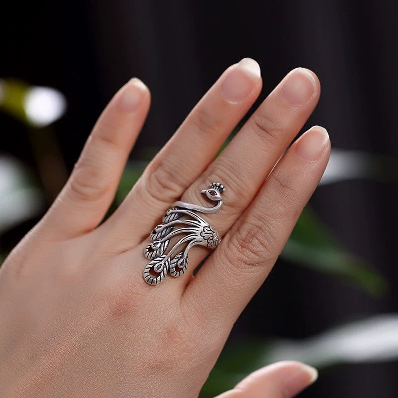Sterling Silver Retro Thai Silver Ethnic Style Classical Ring Women'S Light Luxury Open Index Finger Fashion Personality Exaggerated Peacock Phoenix