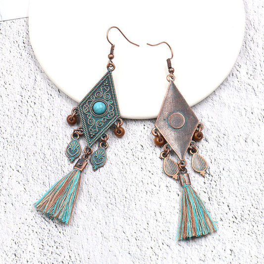 Vintage Handmade Geometric Long Tassel Earrings with Turquoise Accents