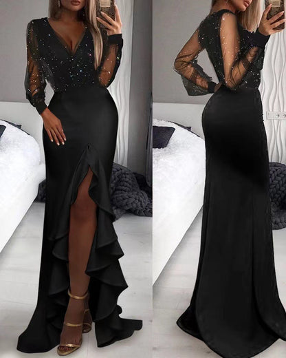 Elegant Black Midi Dress With Sheer Sequin Overlay