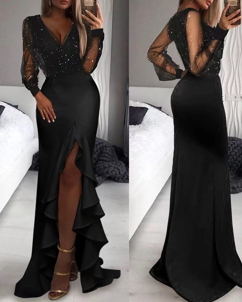 Elegant Black Sheer Sequined Maxi Dress For Casual Outfits