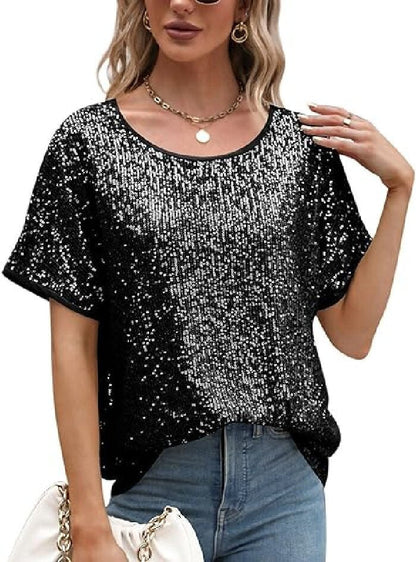 Sequin Deep V-Neck Short Sleeve Top