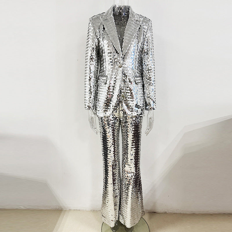 Trendy Sequined Blazer Pantsuit Set