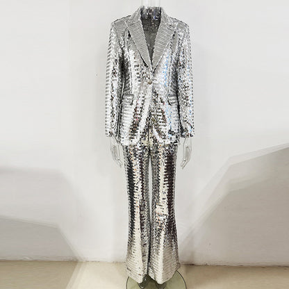 Trendy Sequined Blazer Pantsuit Set