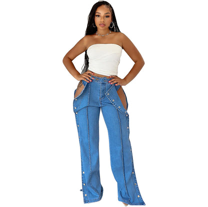 High-Waisted Denim Pants With Button Closure For Women