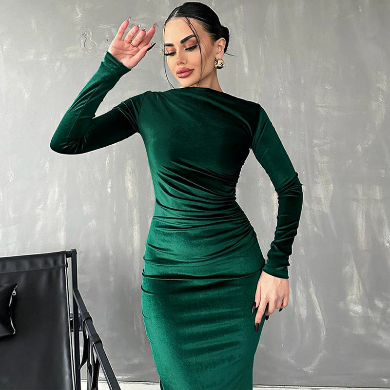 Elegant Solid Color Long Sleeve Dress with Ruching